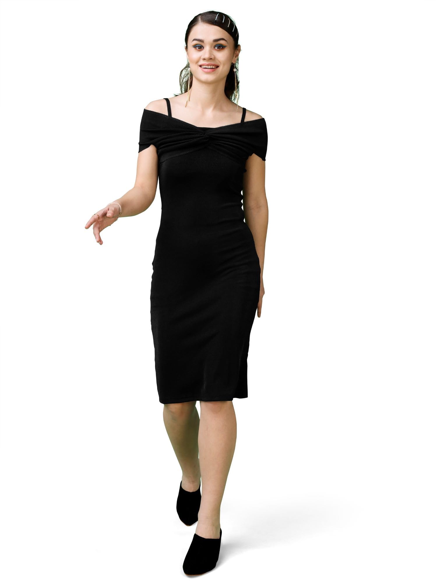 Purvaja Womens Bodycon Below Knee Length Dress (Shine-043-Black_Black-X-Large)
