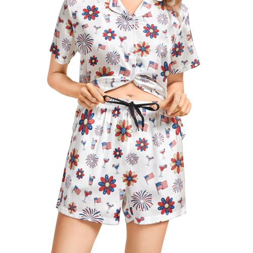Image of Funny Pajamas for Women Set Print Satin Loungewear Pjs Short Sleeve Button Down Top and Shorts Sets Sleepwear XS-3XL