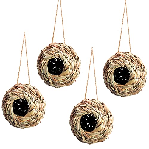 Gute 4 Pack Humming Bird Houses for Outside Hanging, Ball Shape Wren Bird Houses for Outside, Hanging Bird Hut Made of Natural Grass, Sparrow Bird House for Garden Office Outdoor