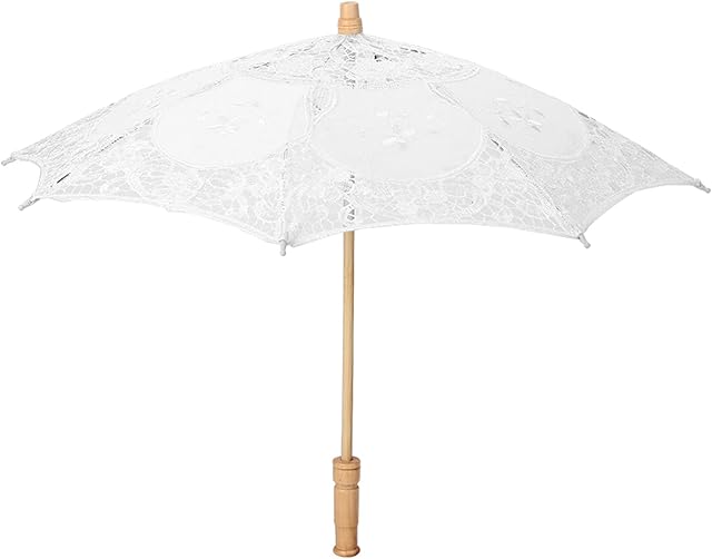 White Lace Parasol Umbrella, Lady Women Handmade Flower Embroidery Lace Umbrella Wedding Party Decor Photography Use