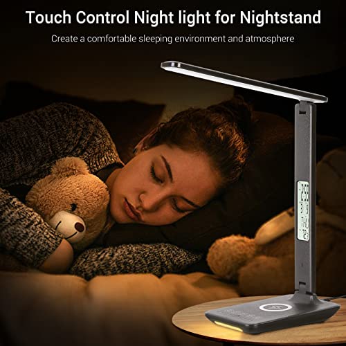 10W Led Desk Lamp With Wireless Charger,Touch Control Desk Light With Usb Charging Port,Stepless Dimming Office Lamp With 5 Color Modes,Study Lamp With Clock,Alarm,Date,Temperature,Small Night Light #TOP6