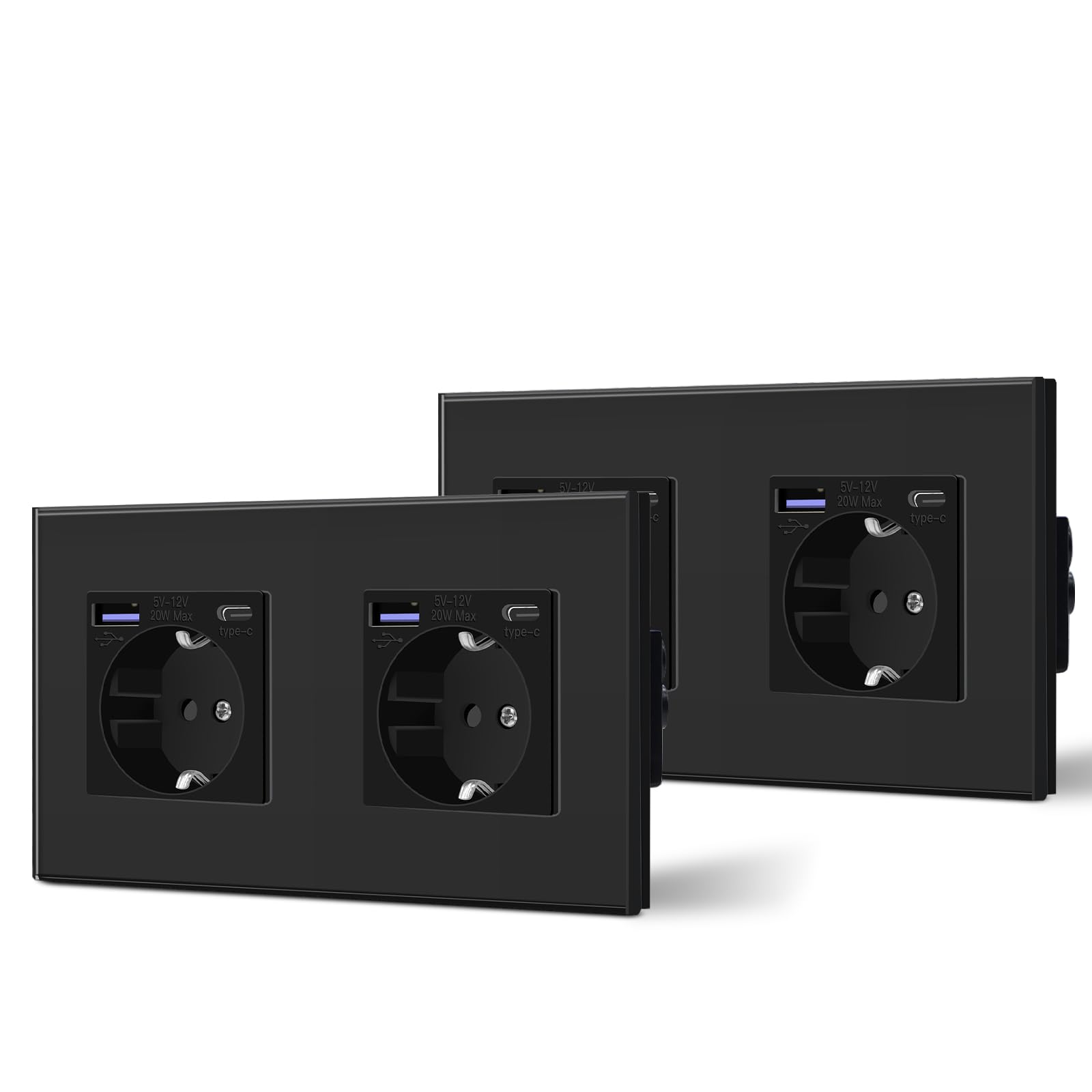 BSEED Steckdose aus Glas mit 20W USB C, Schnellladegerät Wandsteckdose, 3 in 1 Unterputz Steckdosen, Einfache Installation, 240V 16A, 157mm 2 Fach Schwarz, 2 Pack