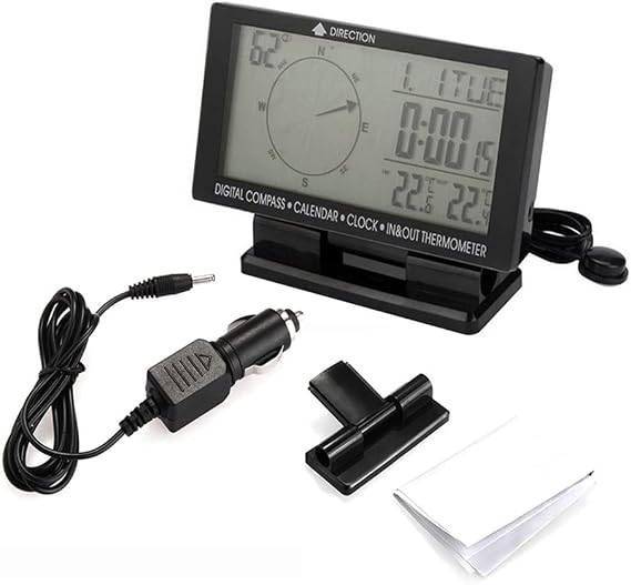 Digital Car Thermometer Black with Blue Backlight Compass Clock with Large LCD 3.9inch