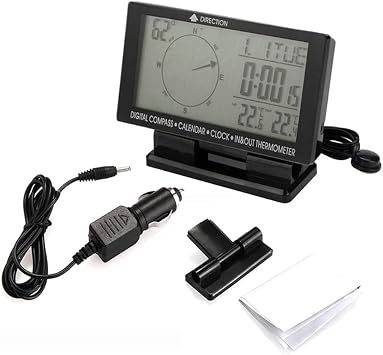 Digital Car Thermometer Black with Blue Backlight Compass Clock with Large LCD 3.9inch