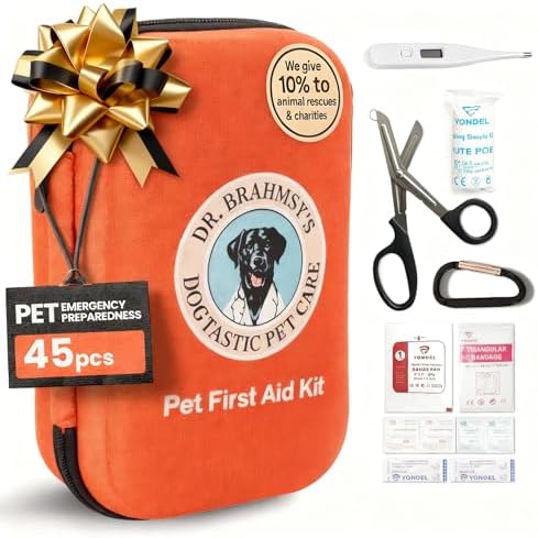 Dr Brahmsy’s Pet First Aid Kit for Dogs and Cats - Vet-Approved Essential Survival and Emergency Supplies for Home, Travel, Camping, Hiking - Packed in a Portable Waterproof Pouch - 45-Piece Set