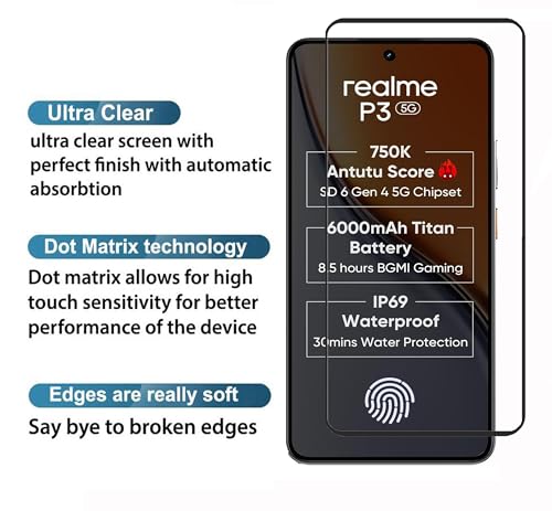 Image of Tempered Glass Screen Protector Compatible For Realme P3 5G (6.67 Inch, Pack of 1) Black Cellphone With Edge-To-Edge Protector Coverage And Easy Installation Kit (