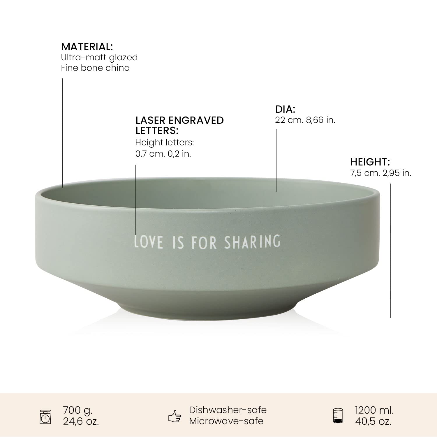 Design Letters Miska na przekąski zielona 1200 ml | Prezenty dla mamy, prezenty na Dzień Matki dla mamy | Porcelanowa miska na przekąski z wygrawerowanymi literami | miska do sałatki, miseczki na
