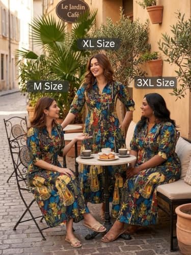 Image of Leriya Fashion Dress for Woman Rayon Printed Maxi Dress | V Neck Half Sleeve Flared Casual & Party Look Long Dress