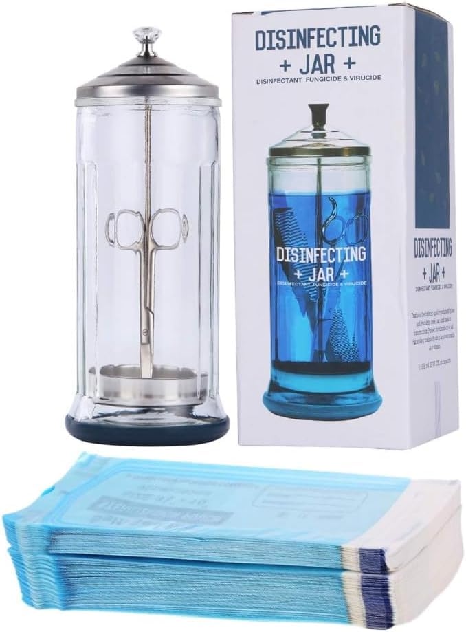 LA PERLA TECH Disinfectant Jar Barber Sterilizer Durable Glass for Nail Tools and BarberShop Hair Stylist Tool 200 Pieces Sterilization Pouches