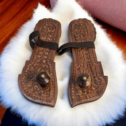 Image of Khadau Chappal for Men | Wooden Charan Paduka for Puja, Wearable Wooden Chappal Eco-Friendly (Rosewood) (7 UK, Fish-Strap)