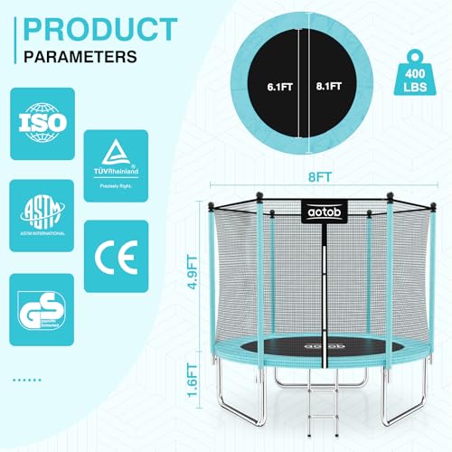 Image of AOTOB 8FT Trampoline with Safety Enclosure Net，Blue Outdoor Trampoline with Ladder, Heavy Duty Jumping Mat and Spring Cover Padding for Kids