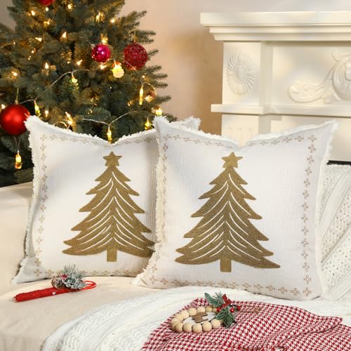 Lewondr Fundas de Almohada de Navidad, 2PCS 45x45CM Fundas de Cojines de Navidad con Cremallera Oculta, Fundas para Almohada Decorativas con Bordado de Árbol y Copos de Nieve para Cama Casa Sala