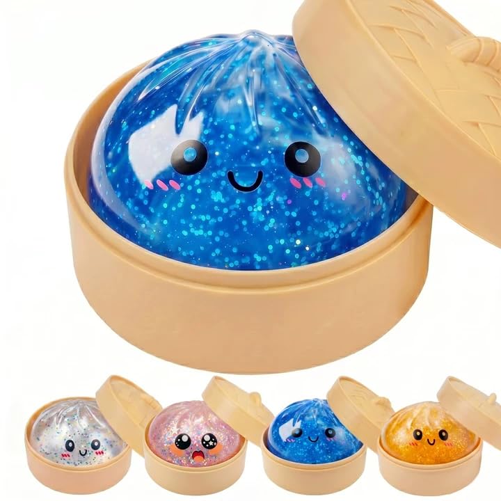 Glitter Dumpling Squishies with Steamers,Soft Squeeze Decompression Toys for Anxiety Relief,Kawaii Bun Stress Fidgets Toys for Adults,Stretchy Pull Toy for Party Favors (Blue) — image 1