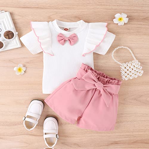 Camiseta infantil para meninas de manga curta com babados e nervuras para meninas (vermelho, 12 a 18