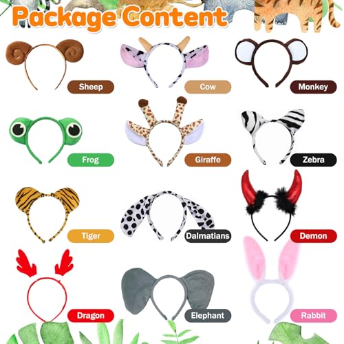 Spetsbst Tier Haarreif mit Ohren 12 Stück Cartoon Animals Ohren Stirnbänder Set Tiger Giraffe Hasen Katze Kostüm Zubehör Kopfbedeckung für Erwachsene Kinder Party Karneval Geburtstag