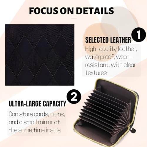 Diamond Pattern Credit Card Holder Wallet Zipper Leather Case Purse Small Card Case for Women or Men Small Compact Accordion Wallet with Zipper (DARK BROWN)3