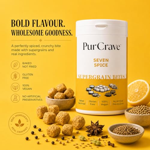Image of PurCrave Supergrain Bites Signature Pack of 2 Gluten Free Crunchy Snack Vegan Baked Not Fried Protein & Fibre Rich No Artificial Preservatives or Colors No Added MSG Healthy Anytime Snack