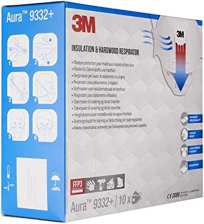 3M Aura Disposable Particulate Respirator 9332+, FFP3, Valved, Pack of 10 Masks, 3-Panel Design, High performance Filter Material, Adjustable Nose Clip