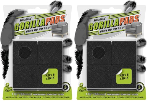 Image of Slipstick GorillaPads CB150 Non Slip Furniture Pads /Rubber Grips (Set of 8) Self Adhesive Furniture Feet Floor Protectors, 1-1 /2 inch Square, Black (Pack of 2)
