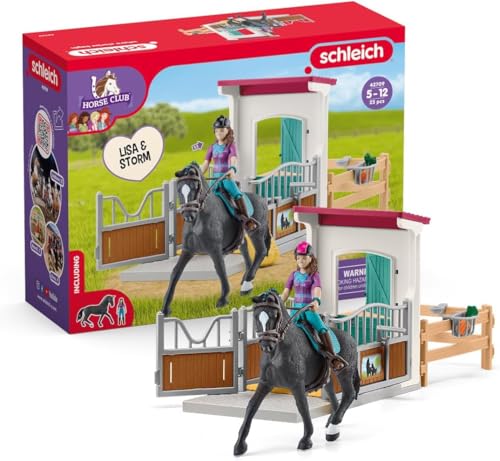 Schleich Horse Club - 25 PC Lisa and Storm Horse Toy Stall Playset with Accessories - Customizable Stable Name Tag - Realistic, Posable Rider and Pony Toys for Girls and Boys - Kids Ages 5+ - 42709