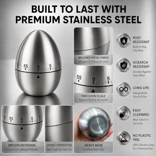 Image of KRESHU Stainless Steel Egg Kitchen Timer, Mechanical 60 Minute Pomodoro | For Cooking and Baking, Compact Manual Stopwatch, for Home and Office