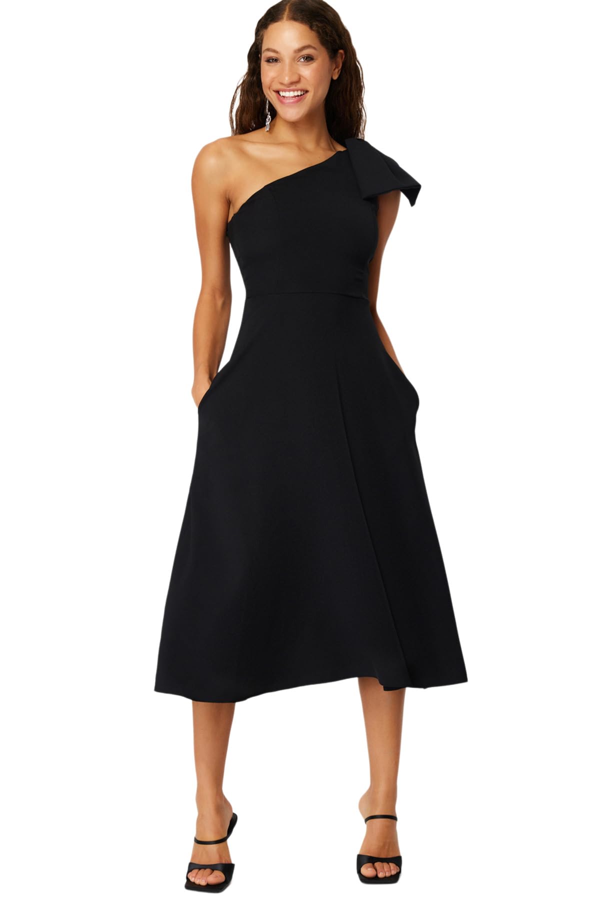 Wovcor Black A-Line Elegant Woven Evening Gown With Bow Detail - 12