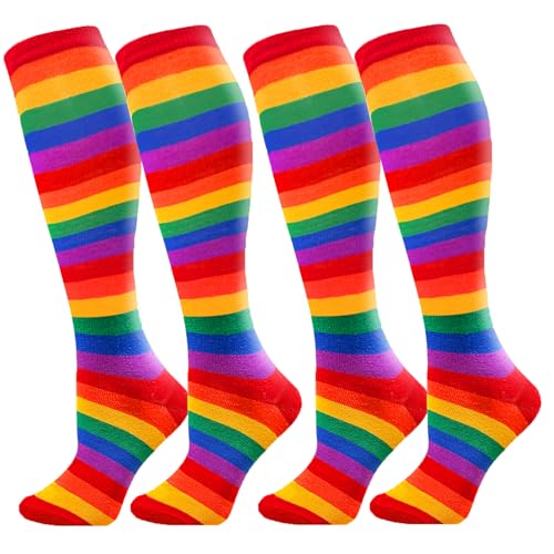 17.7 inch Knee High Opaque Socks,Athletic Stretchy Sock for LGBT,Teens,Women,Girl,Halloween,Black Rainbow