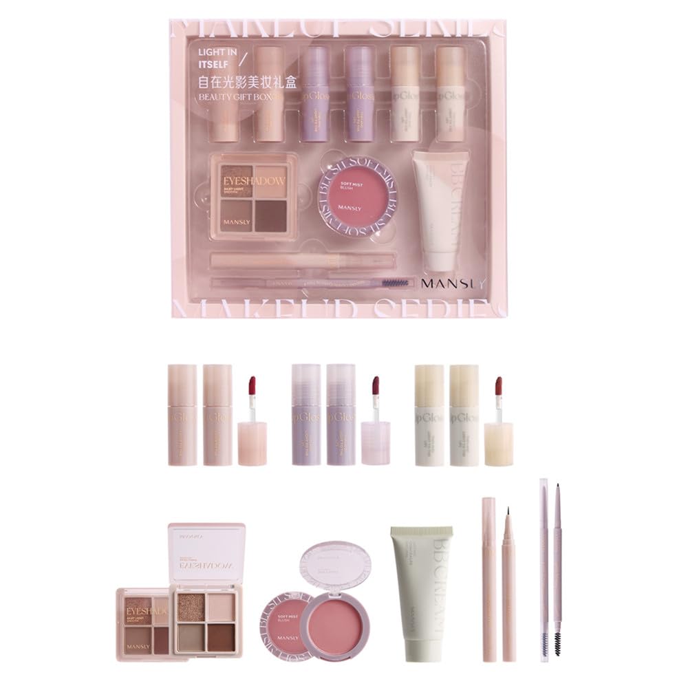 LAMUSELAND Makeup Set Full Kit for Women Teens, Black Eyeliner, Double Eyebrow Pencil, Mascara, Lipsticks, Foundation, Face Powder and Skin Concealer, 8 Pcs Makeup Bundle Gift Set for Girls (D, L)