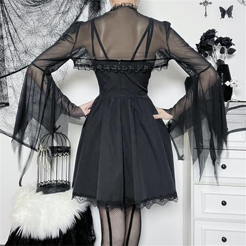 Image of Women Gothic Crop Top Shirt Y2K Black Bell Sleeve Shawl Cardigan