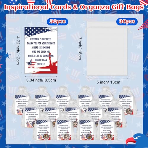 120 Pcs Veterans Day American Flag Lapel Pin Set with 30 Military Veterans Commemorative Token 30 Patriotic Label Pins 30 Card 30 Organza Bag Thank You for Your Service Military Retire Gift4