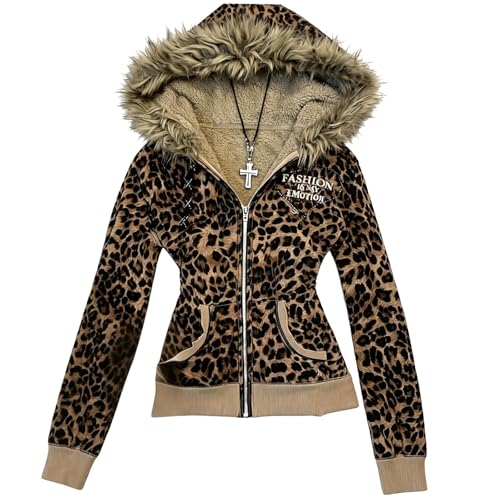 MAGICHARM Y2K Grunge Leopard Fur Baggy Hoodie Women Animal Emo Gothic Zip Up Oversized 2000s Alt Gyaru Sweatshirt Clothes (Leopard,Small)