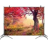 LB 7x5ft Vinyl Rustic Fall Thanksgiving Backdrop Farm Red Wood Autumn Forest Wonderland Nature Scenery Backdrops for Photography Portraits Photo Booth Backdrop