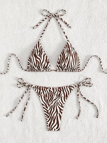 Image of Tainehs Women's Sexy Halter Thong Bikini Tie Two Sides Bottom Triangle Bikini Swimsuits