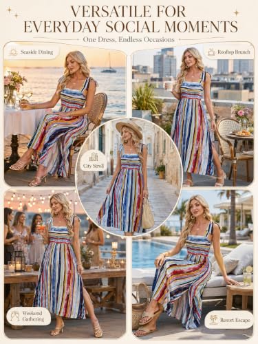 Image of BROVAVE Women Summer Floral Dress: Casual Square Neck Flowy Boho Beach Midi Sundress Sleeveless Tie Shoulder Vacation Daily