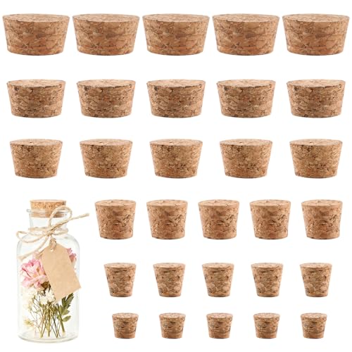 30PCS Natural Cork Stoppers, 6 Sizes Tapered Corks for Bottles, Airtight Reusable Wine Stopper for DIY Crafts Glass Bottles