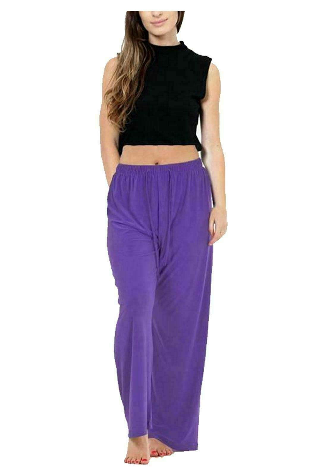 FAIRY TRENDZ LTD Womens ITY Palazzo Wide Leg Flared Loose Fit Ladies Drawstring Baggy Pants Plus Size Plain Trousers(Purple UK 26-28)