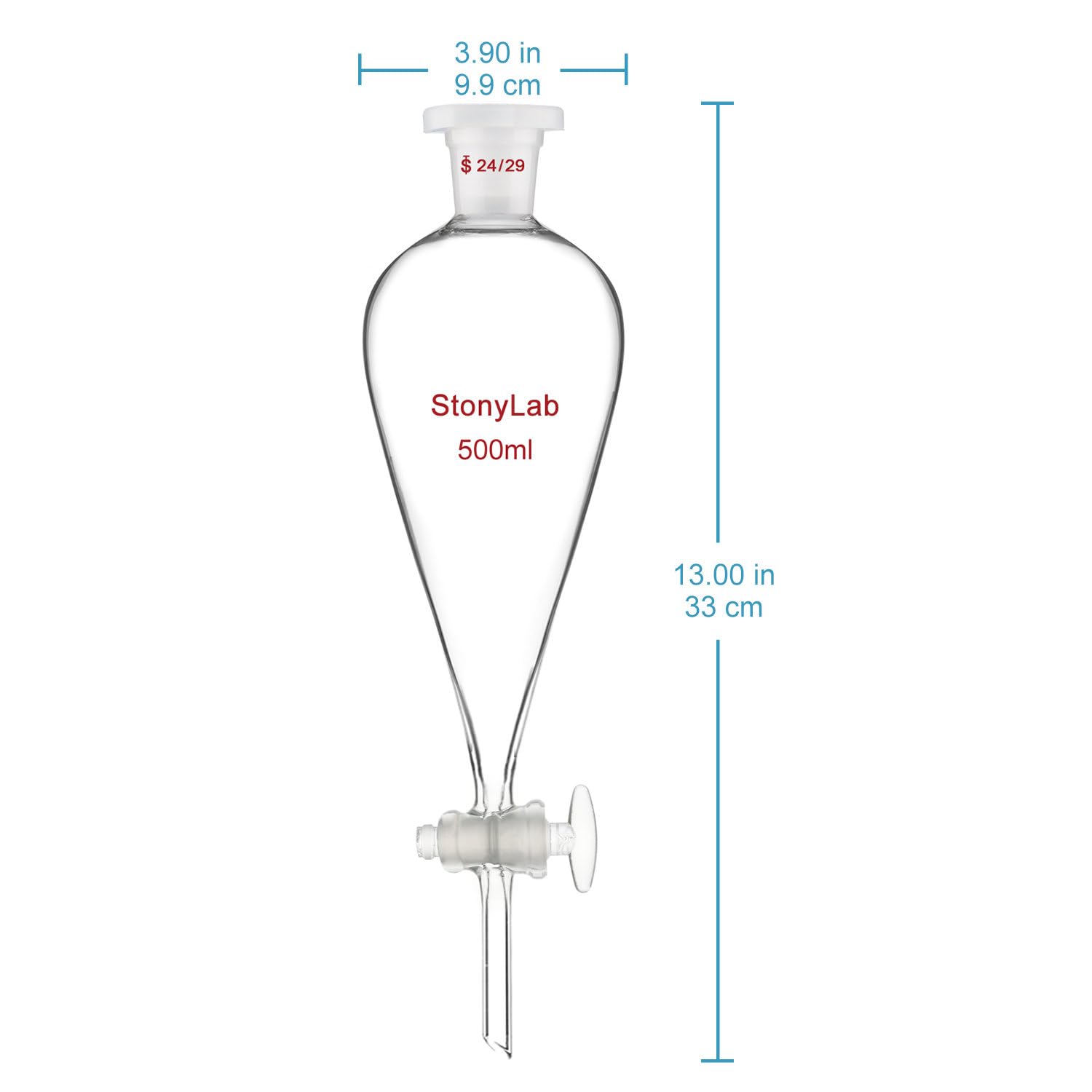 stonylab Separatory Funnel with Glass Stopcock Valve, Borosilicate Glass 24/29 Joint Funnel for Laboratory Accurate Liquid Separation, 500 ml
