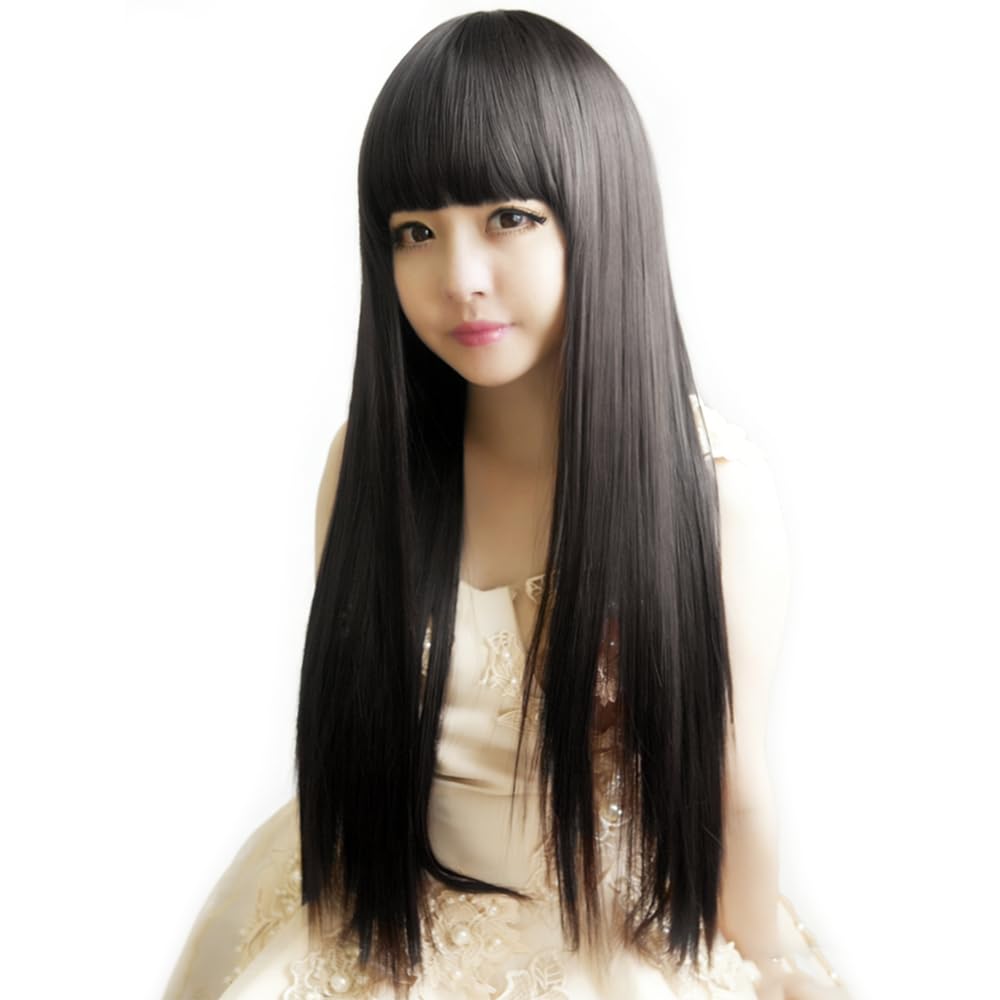 Amazon.co.jp: ウィッグ かつら ロング ストレート 黒髪 ぱっつん 人工