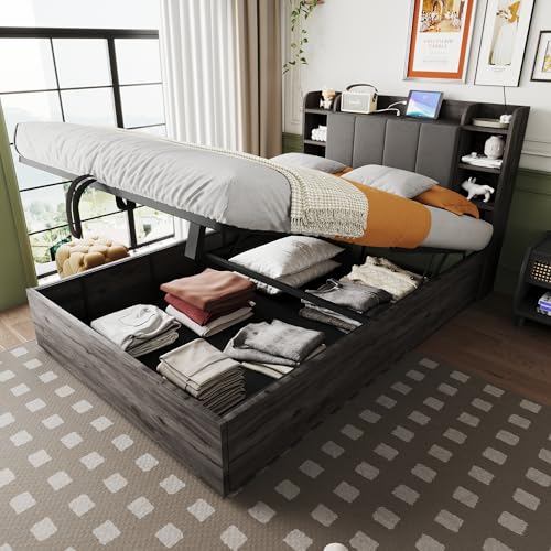 Fppuueg Cama Tapizada 140x200 con Espacio de Almacenaje Hidráulica, Camas Matrimoniales con Puerto USB y Tipo C, Camas Juveniles con Cabecero Tapizado, Cabecero con Almacenaje, Gris, Sin Colchón
