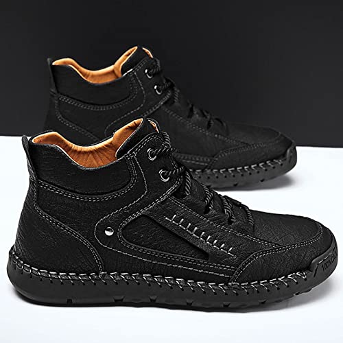 2022 New Large Size Border Handmade Retro Stitched Leather Comfortable Casual Shoes Tan Mens Casual Shoes (Black, 11.5)2