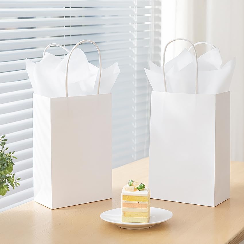 Miniatura 4 de SUNCOLOR Paquete de 24 bolsas de regalo blancas con asas, bolsas de regalo de 8 pulgadas con 24 papeles de seda blancos para recuerdos de fiesta,