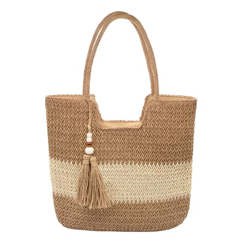 Image of Long Keeper Beach Bags for Women Summer Straw Bag with Zipper Woven Shoulder Handbag Beach Tote Bags for Travel Vacation