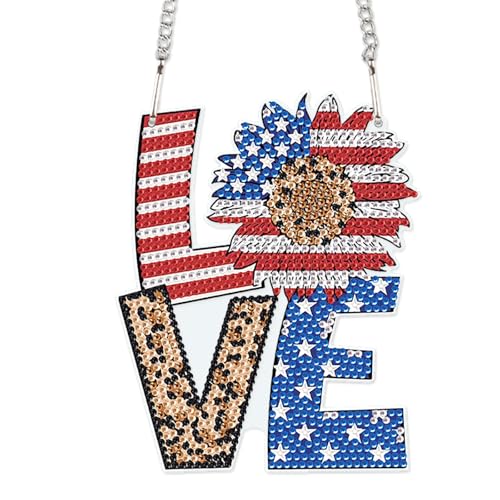 Image of AiYuanzsh Patriotic Diamond Painting Hanging Sign - Love Door Wall Decoration with American Flag Sunflower, Leopard Print, DIY 5D Rhinestone Art Craft for 4th of July Home Decor