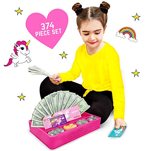GirlZone Unicorn Money Play Set for Kids – Realistic Dollar Bills, Coins, Credit & Debit Cards & Checkbook.
