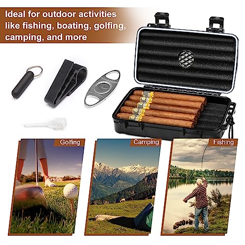 Image of Flauno Travel Cigar Humidor Case - Portable Cigar Box kit with Humidifier Disc, Cigar Cutter, Cigar Punch, Cigar Holder & Dropper, Waterproof, Crushproof, Airtight (Holds up to 10 Cigars)