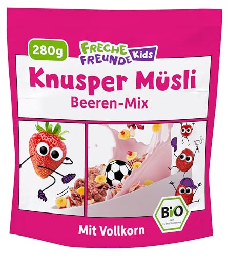 FRECHE FREUNDE Bio Frühstücks-Müsli Eddas Knusper Müsli Beeren-Mix, für Schulkinder, mit gefriergetrockneten Erdbeeren, vegan, 6er Pack (6 x 280g)
