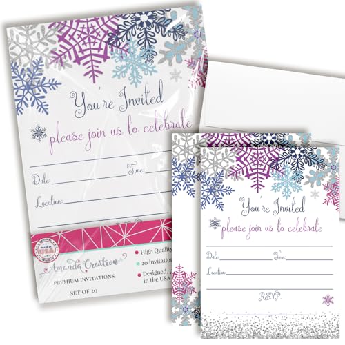Invitaciones de cumpleaños de cartulina mate con 20 sobres blancos de copos de nieve