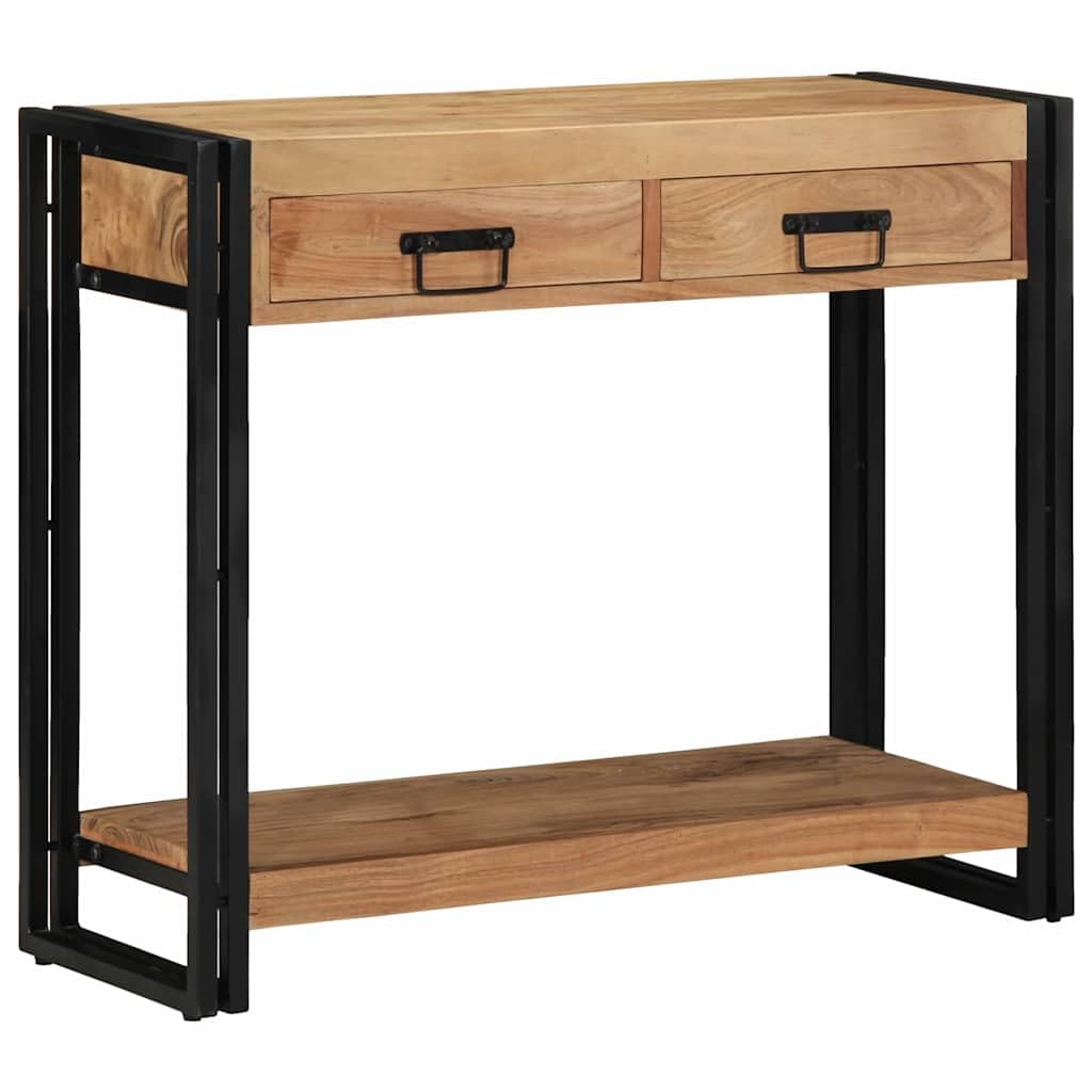 SXZenSpace Console Table Brown 90 x 33 75 cm Solid Acacia Wood with Steel Frame 2 Drawers Shelf Modern Narrow Hallway Side for Living Room Entryway Bedroom
