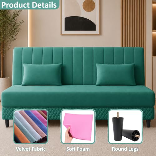 Image of Rosebell Modern 3 Seater Velvet Sofa Cum Bed with Cushion | Premium Upholstered Fabric | Tufted Backrest | Wooden Legs | Living Room Furniture | Green