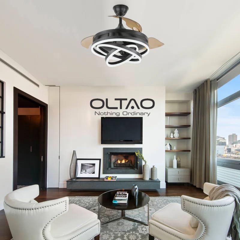 Image of OLTAO Enigma Modern 42-Inch Dimmable Chandelier Fan - Black | with Copper BLDC Motor & Retractable Blades | Summer-Winter Mode LED Light Fan with Remote & App Control - for Living Room
